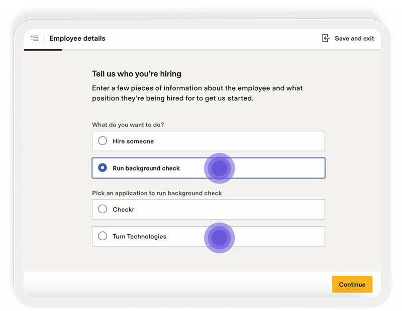 2. Select "Run background check" and "Turn Technologies"