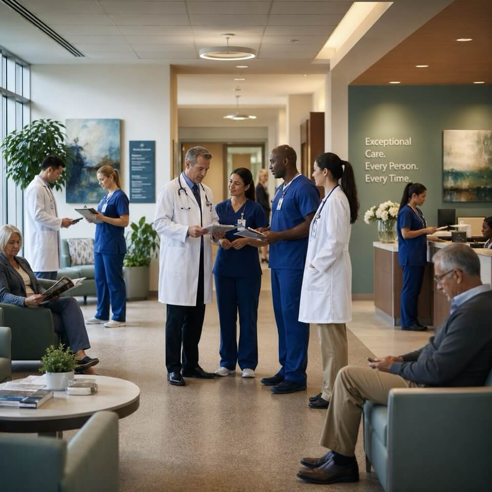 Hospital waiting room with doctors and nurses checking on patients