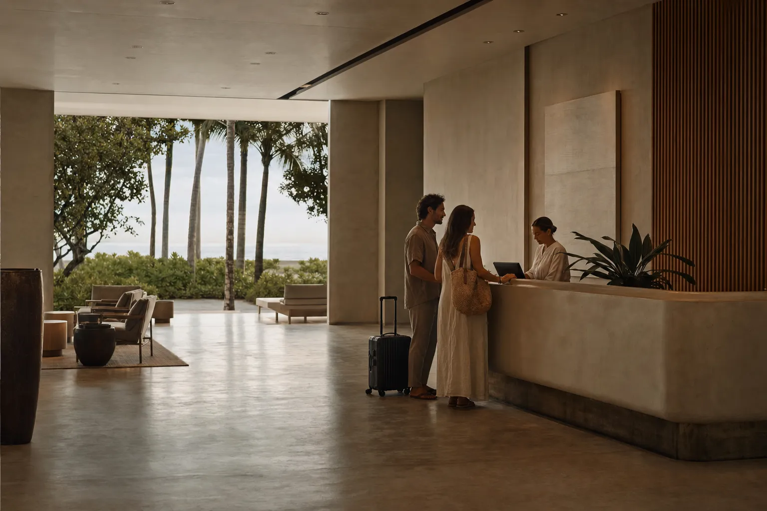 Guests checking in at a luxury hotel lobby