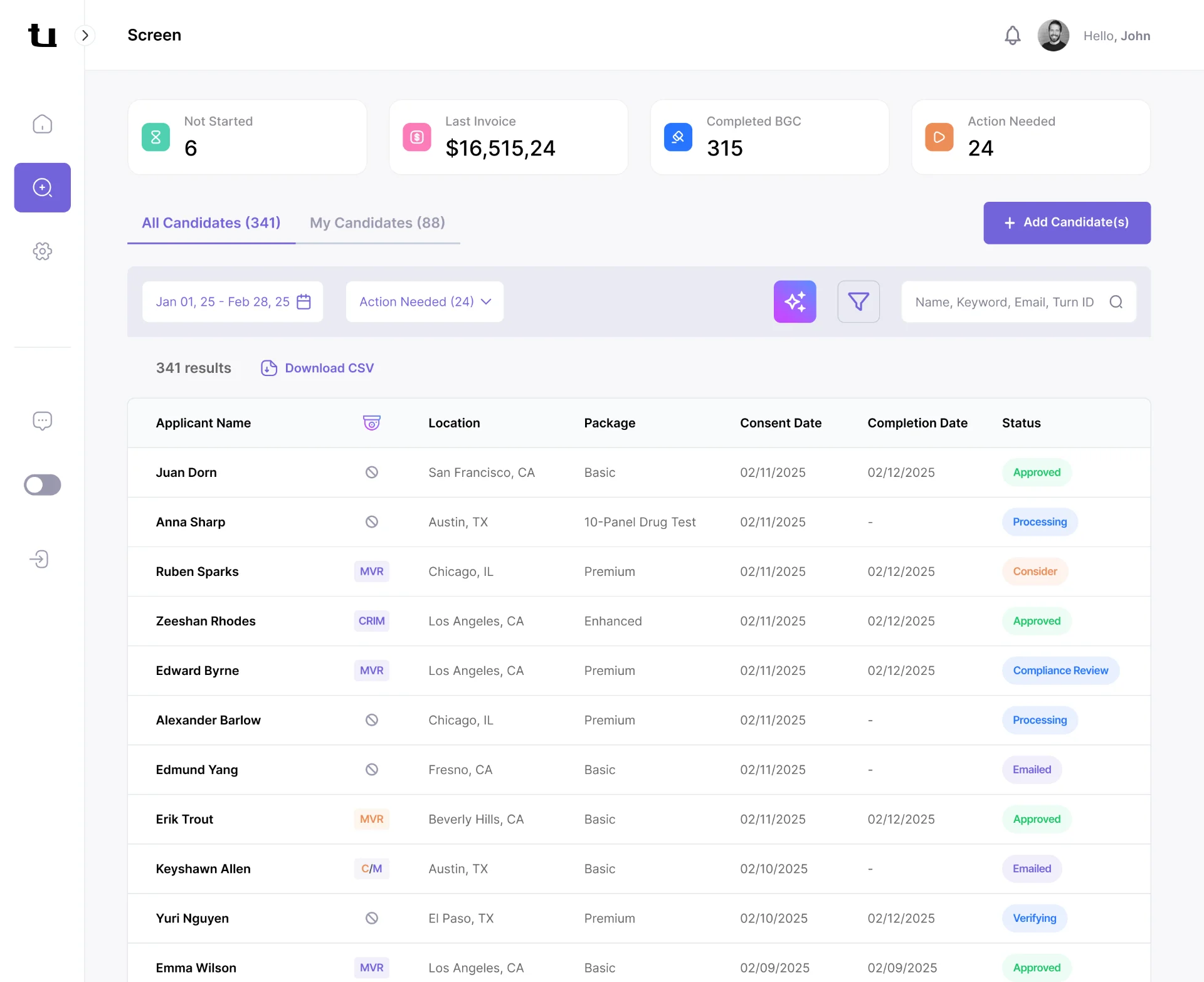 Partner dashboard candidate listing