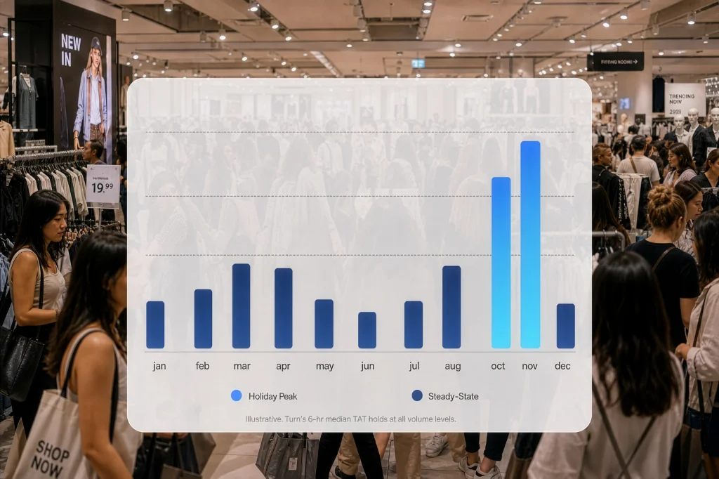 Bar chart showing Turn's consistent turnaround through peak season hiring volume