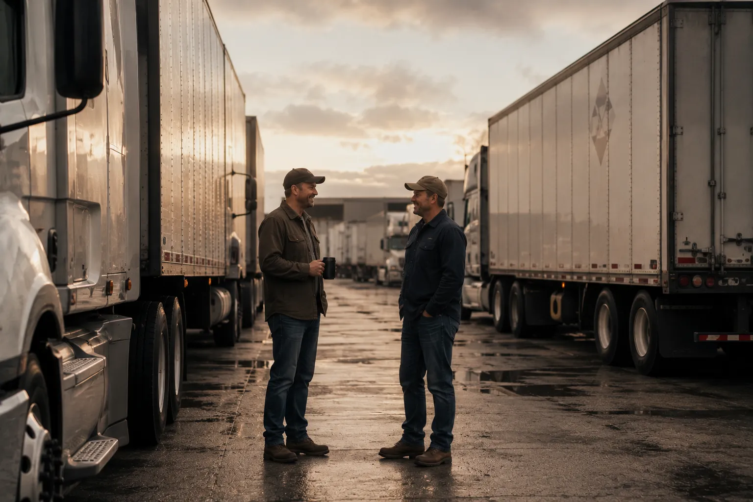 Two truck drivers talking in a fleet yard at dawn