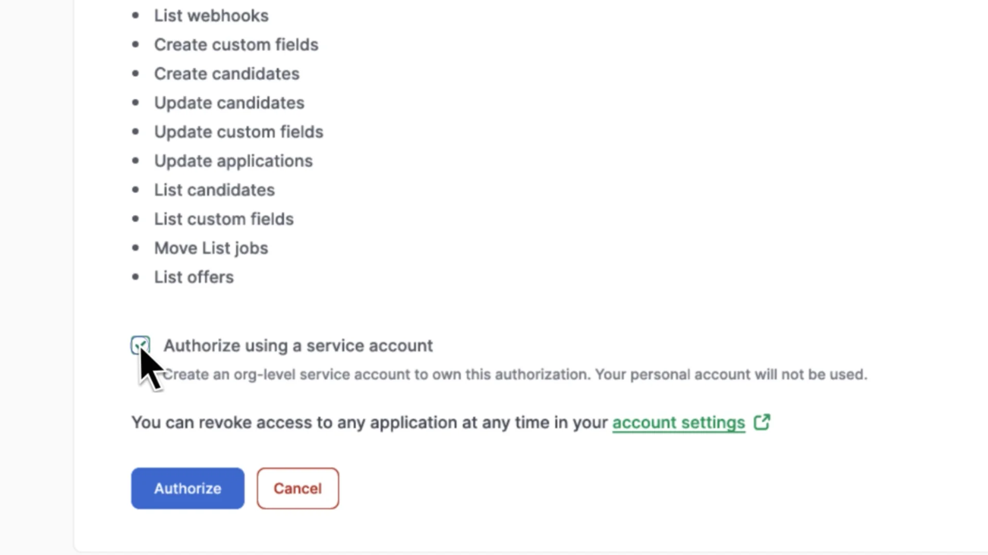 Greenhouse authorization consent screen
