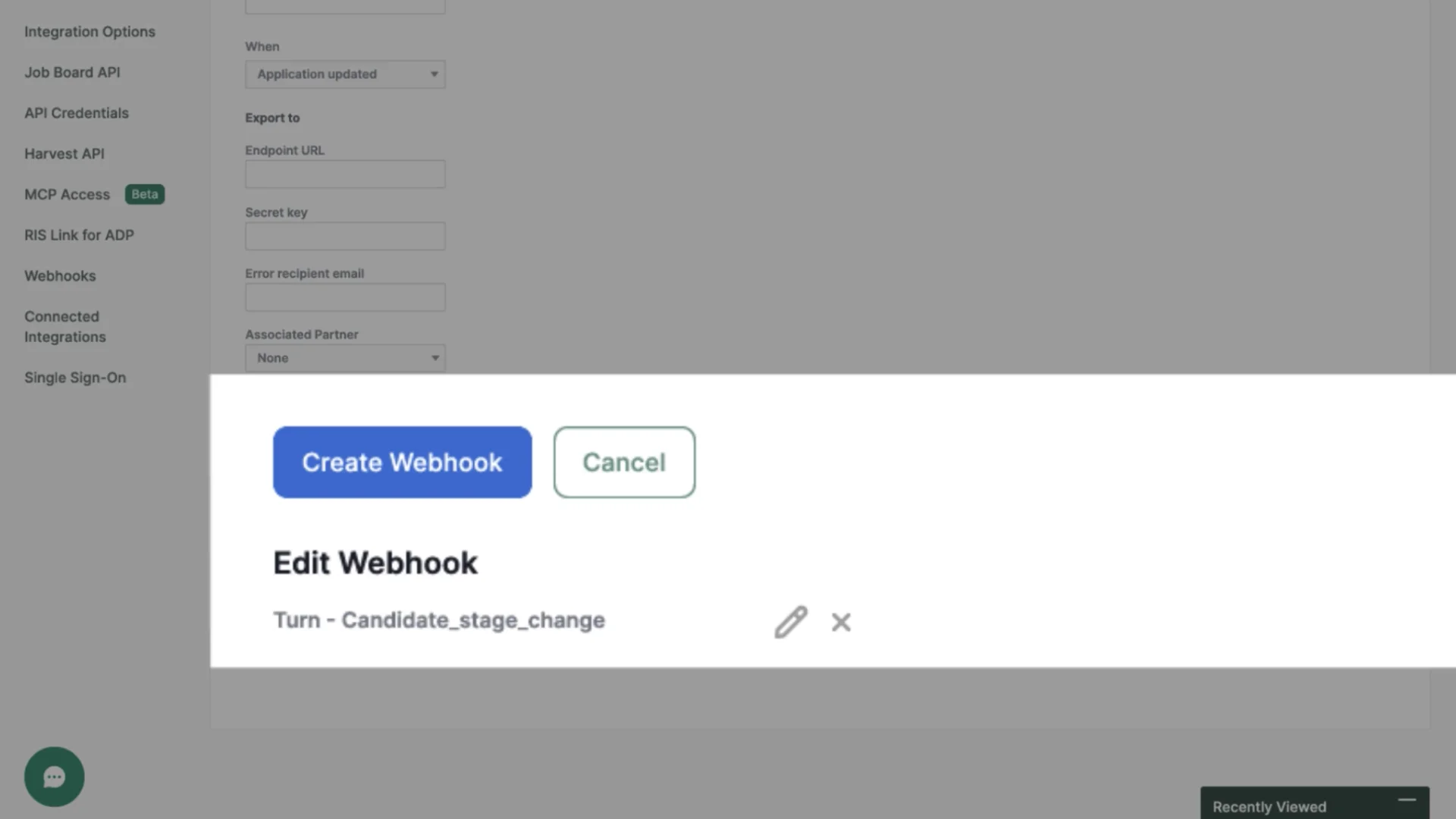 The webhook created by Turn on the Greenhouse Webhooks screen