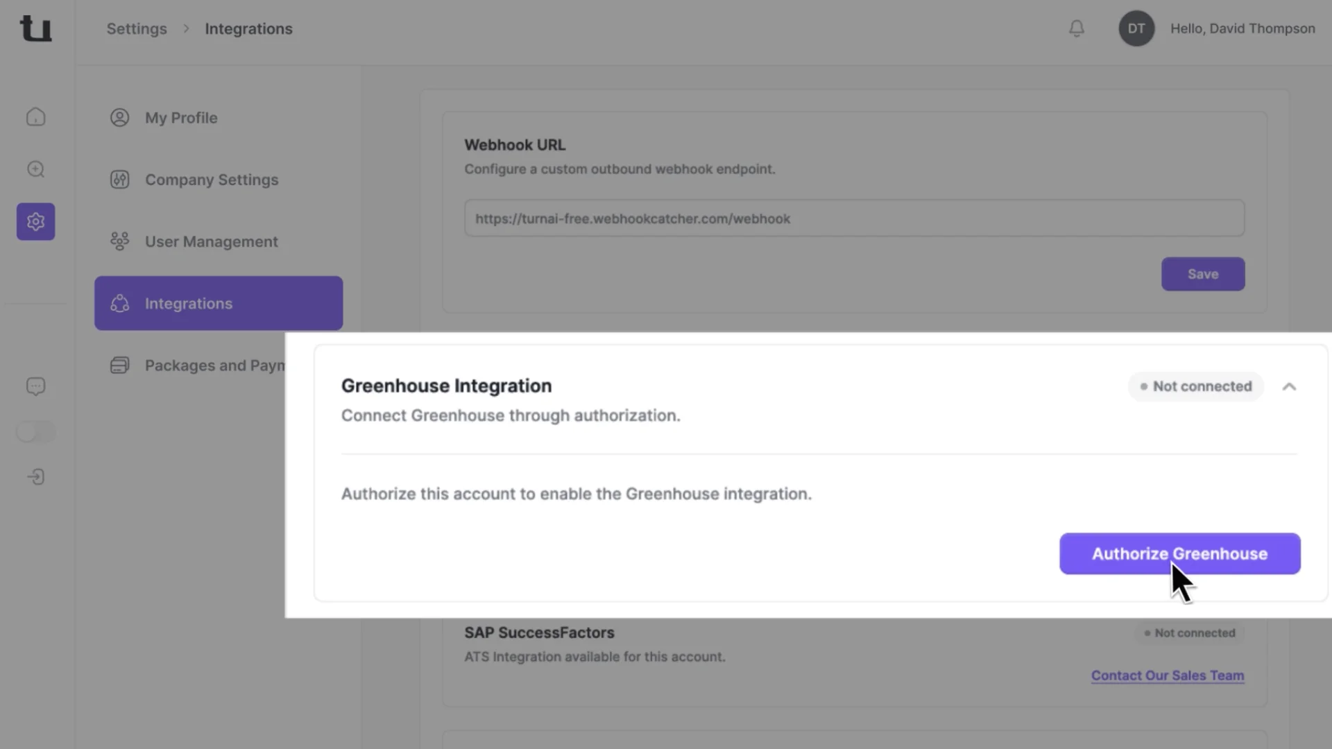 Authorize Greenhouse button on the Integrations page